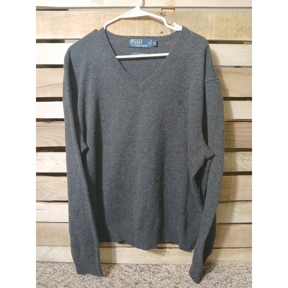 Polo By Ralph Lauren Gray 100% Lambs Wool V Neck Men's Size XL